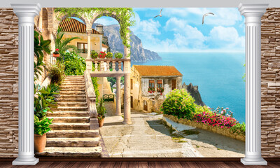 Digital collage view from the terrace to the seascape.