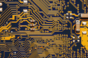 Orange Circuit board, electronic computer hardware technology. Motherboard digital chip. Technical...