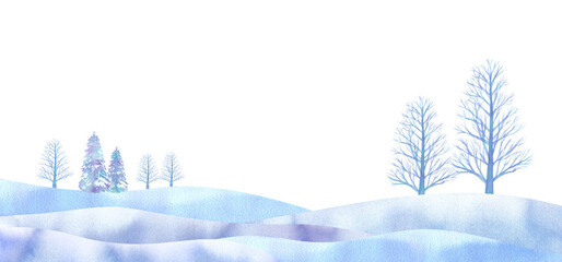 幻想的な冬の平原イメージ。　白銀の景色。水彩イラスト（透過背景）