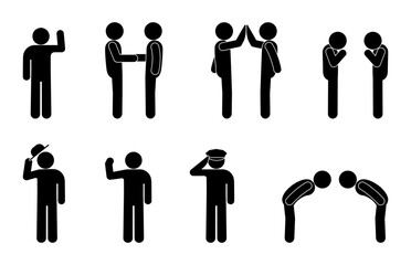 people greet each other, man icon, stick figure pictogram, bow illustration