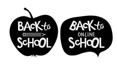 Back to school lettering with apple. Back to online school lettering with bubble with hand lettering quote. Quarantine Shirt Design. Online education. Return to class concept. Vector illustration.