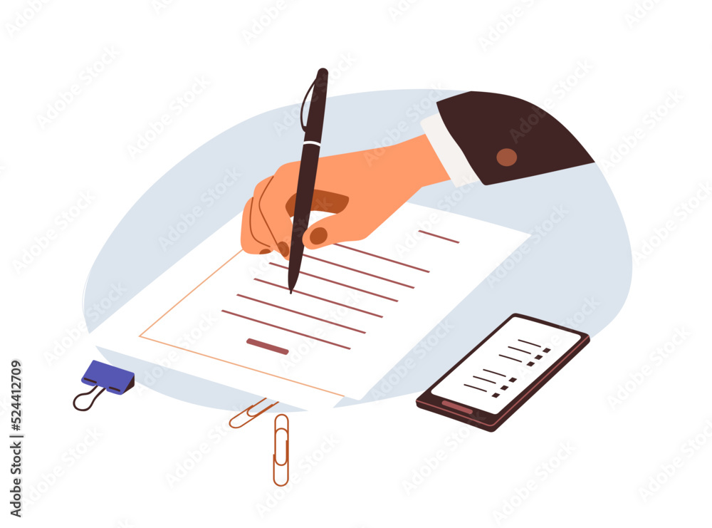 Poster hand writing on business official paper, taking notes. employee filling application form, abstract o