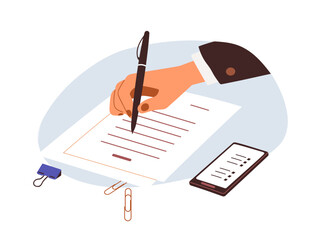 Hand writing on business official paper, taking notes. Employee filling application form, abstract office document with pen at work. Flat vector illustration isolated on white background - obrazy, fototapety, plakaty