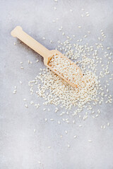 Plain sesame seeds with wooden scoop on mottled grey with copy space