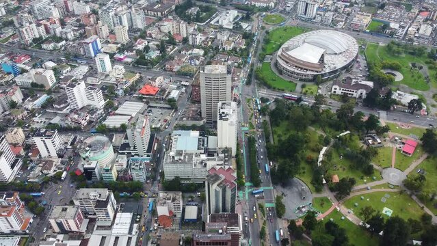 Quito, Ecuador: Aerial drone footage of the La Mariscal business and downtown district in Quito, Ecuador capital city in the Andes in South America
