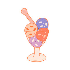 Ice cream scoops in a glass bowl with a spoon. Colorful vector isolated doodle illustration. Delicious summer dessert. Hand drawn contour clip art