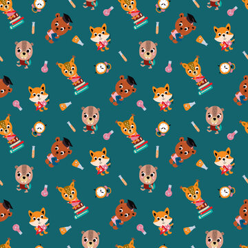 School seamless pattern with cute little animals. Design for fabric, textile, wallpaper, packaging.