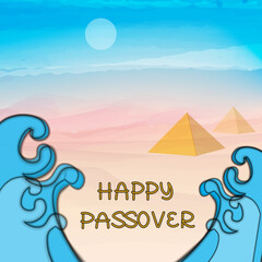 Happy passover card with watercolor egypt landscape,pyramids and papercut waves. Vector illustration, israel holiday, tradition, culture. 