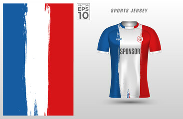 T-shirt sport design template with grunge France flag pattern for soccer jersey. Sport uniform in front view. T shirt mock up for sport club. Vector Illustration