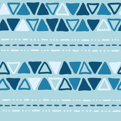 Hand drawn blue geometric seamless vector pattern with triangles