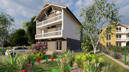 Fototapeta na wymiar 3D Model of Modern House in the Forest