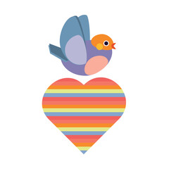 Rainbow heart with a bird. Cute postcards and posters for the holiday of love, hearts for the design of a composition of posters, postcards, stickers, decor, greetings, stickers for T-shirts.