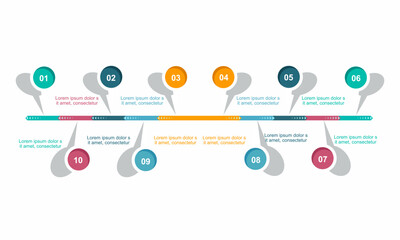 Infographics timeline template with 10 circles for business presentation. vector illustration.