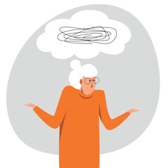 A vector image of an old woman being confused. Alzheimer's disease.