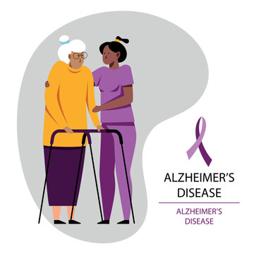 A vector image of an old woman with a cane and a caregiver. Alzheimer's disease.