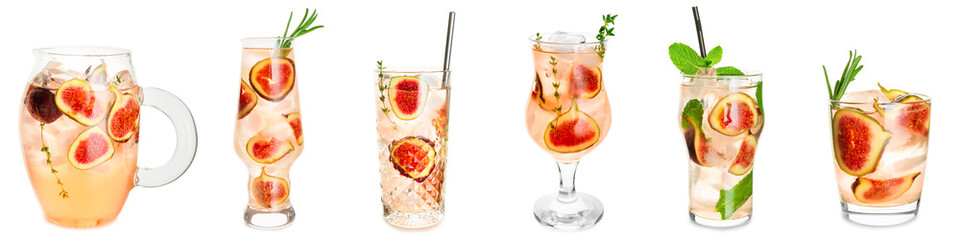 Set of tasty fig lemonade on white background