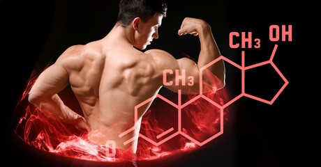 Muscular man and structural chemical formula of testosterone hormone on dark background