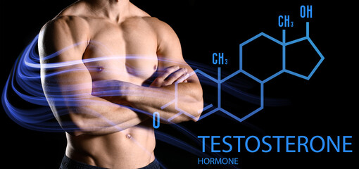 Young muscular man and structural chemical formula of testosterone hormone on black background