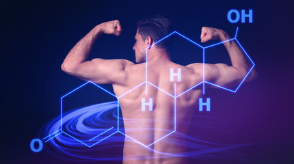 Sporty man and structural chemical formula of testosterone hormone on dark background
