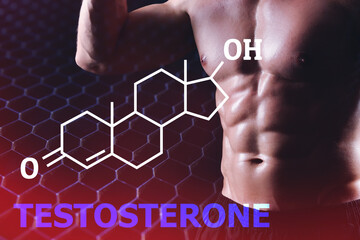 Sporty man and structural chemical formula of testosterone hormone on black background