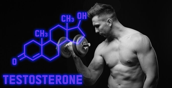 Young muscular man with dumbbell and structural chemical formula of testosterone hormone on dark background