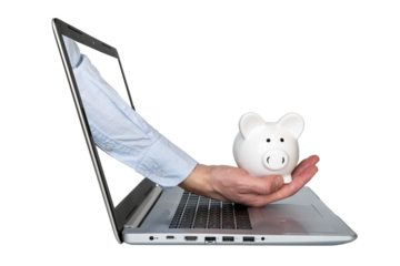 Hand holding piggy bank comes from laptop screen