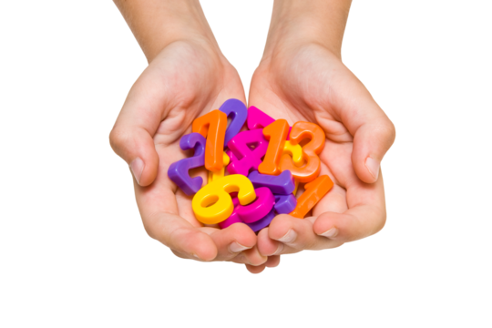 Child hands holding color plastic numbers