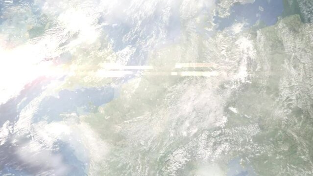 Earth zoom in from outer space to city. Zooming on Tongeren, Belgium. The animation continues by zoom out through clouds and atmosphere into space. Images from NASA
