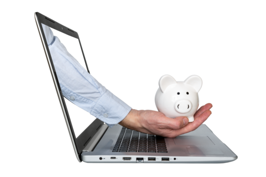Hand holding piggy bank comes from laptop screen - Powered by Adobe