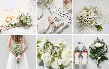 Beautiful wedding collage with young bride, bouquets, rings and accessories