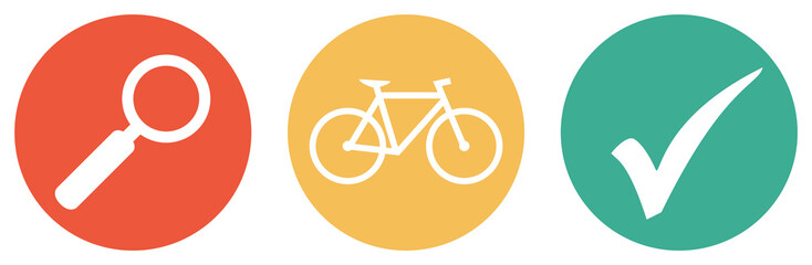 Fahrrad, Radtour oder Radverleih suchen - Bunter Button Banner