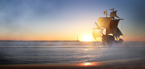 View of ship in sea at sunset - obrazy, fototapety, plakaty