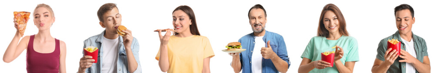 Naklejka premium Set of people with different fast food on white background
