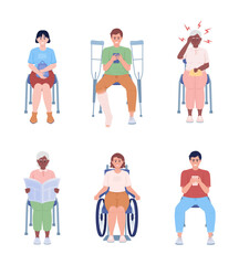 Fototapeta premium Sitting people semi flat color vector characters set. Editable figures. Full body people on white. Lifestyle simple cartoon style illustrations for web graphic design and animation collection