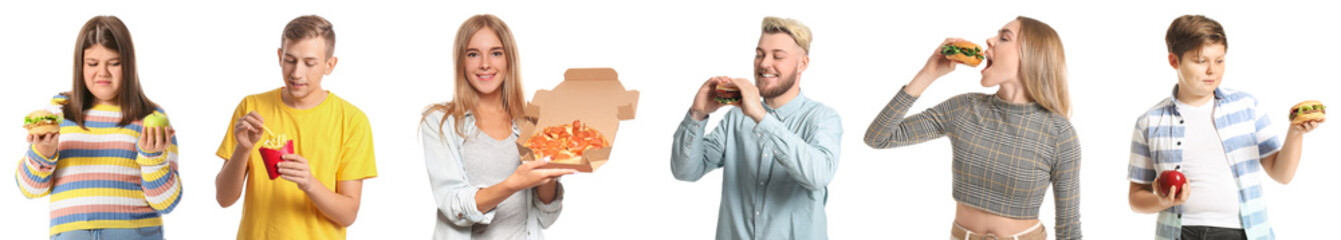 Set of people with different fast food on white background