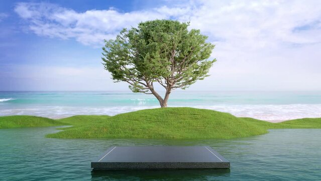 Blank black terrazzo podium on lake pool. 3d rendering of exterior abstract space with beach and sea view background.