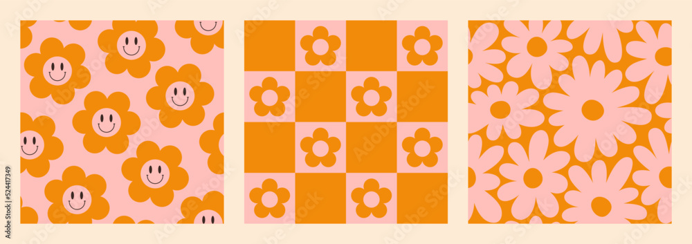 Wall mural groovy seamless patterns set with checkerboard and daisy flowers . psychedelic vector background in 