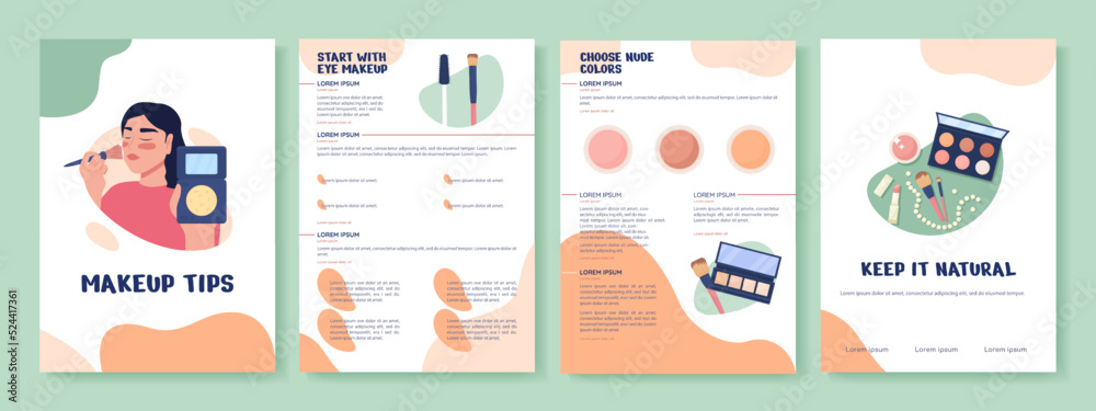 Wall mural Makeup tips flat vector brochure template. Visage booklet, leaflet printable flat color designs. Editable magazine page, reports kit with text space. Nerko One, Quicksand, Comfortaa fonts used