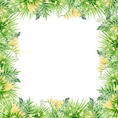 Fototapeta na wymiar Watercolor tropical leaves square border frame, floral greenery trendy Hand painted isolated illustration, tropic summertime jungle motif square banner, birthday greeting, Invitation template
