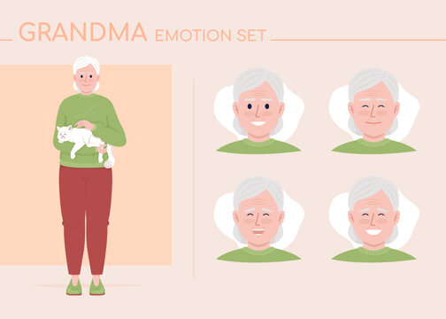 Positive grandma semi flat color character emotions set. Editable facial expressions. Happiness vector style illustration for motion graphic design and animation. Comfortaa font used