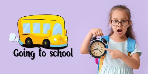 Shocked little student with alarm clock and drawn school bus on lilac background