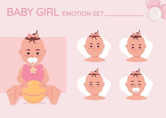 Tired baby girl semi flat color character emotions set. Editable facial expressions. Childhood vector style illustration for motion graphic design and animation. Quicksand font used