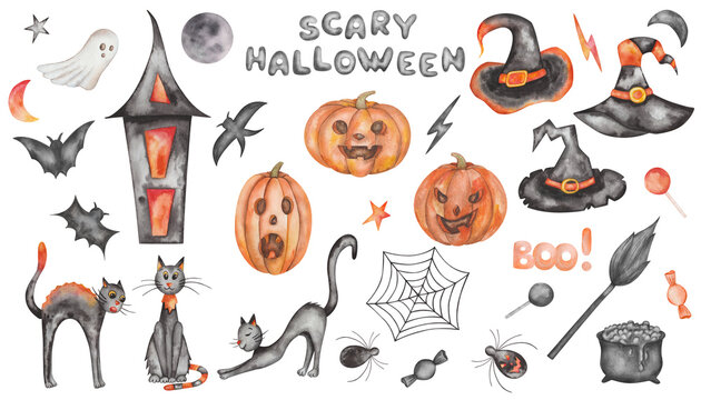 Watercolor illustration of hand painted Halloween set in black, orange colors. Witch hats, cats, lantern houses, spiders, cobweb, ghost, carved pumpkins. Isolated clip art for cards, prints, packaging