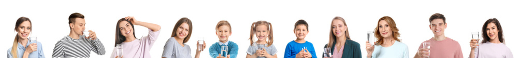 Set of people with glasses of water on white background