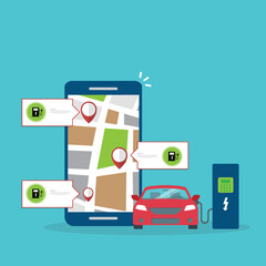 Owner of the electric car using smart phone to locate charging station in the city