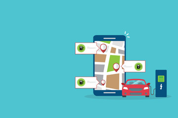 Owner of the electric car using smart phone to locate charging station in the city