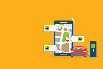 Owner of the electric car using smart phone to locate charging station in the city