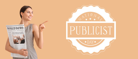 Young woman with newspaper and text NATIONAL PUBLICIST DAY on beige background
