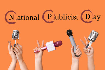Female hands with microphones on orange background. National Publicist Day