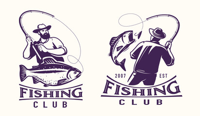 Fishing logo badge set. Fisherman catches fish on spinning rod logo. Sport fishing club emblem vector illustration